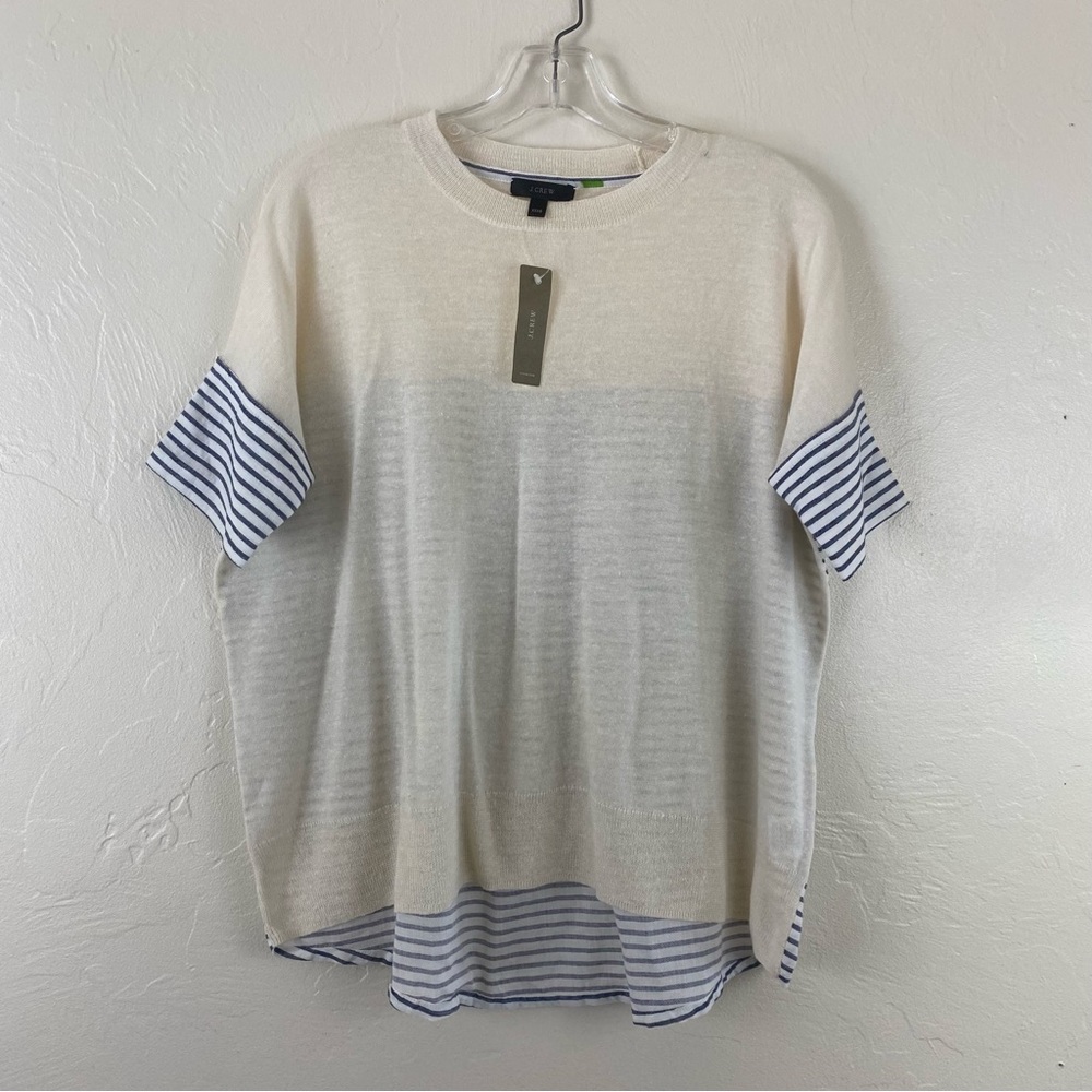 J. Crew XXXS Ivory & Blue Wool Linen Blend Knit Short Sleeve Pullover Sweatshirt